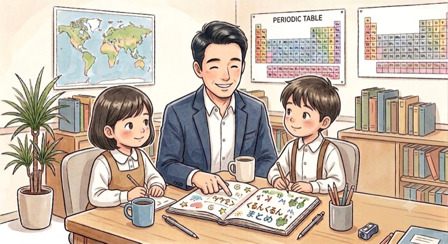 講師1人が生徒2人に指導している様子のイラスト
