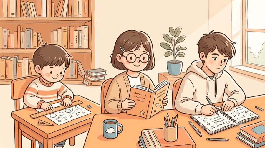 小学生・中学生・高校生それぞれが自分のペースで学ぶ様子のイラスト