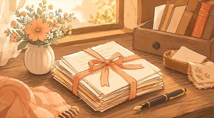 リボンで束ねられた手紙と万年筆のイラスト